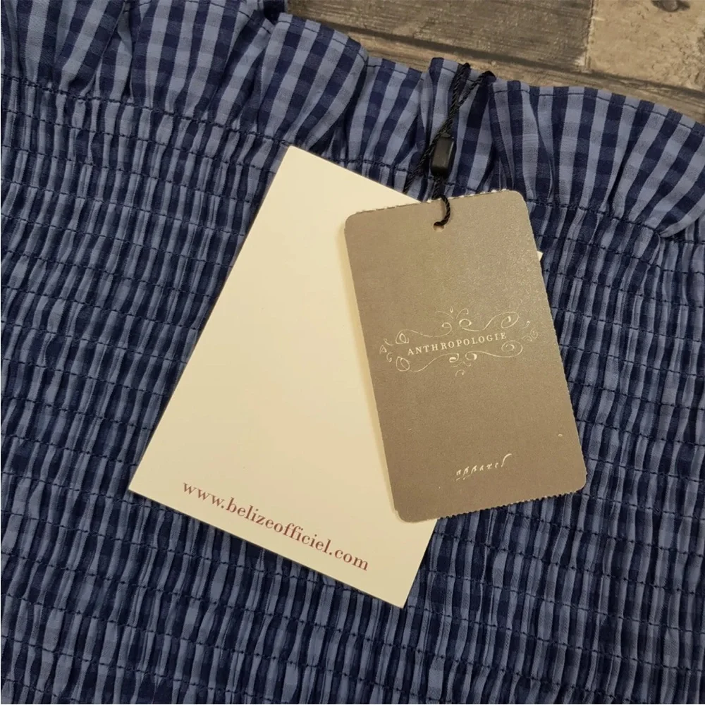 Belize Anthropologie Crop Top UK 16 US 12 Blue Gingham Checked Smocking BNWT - Picture 6 of 13